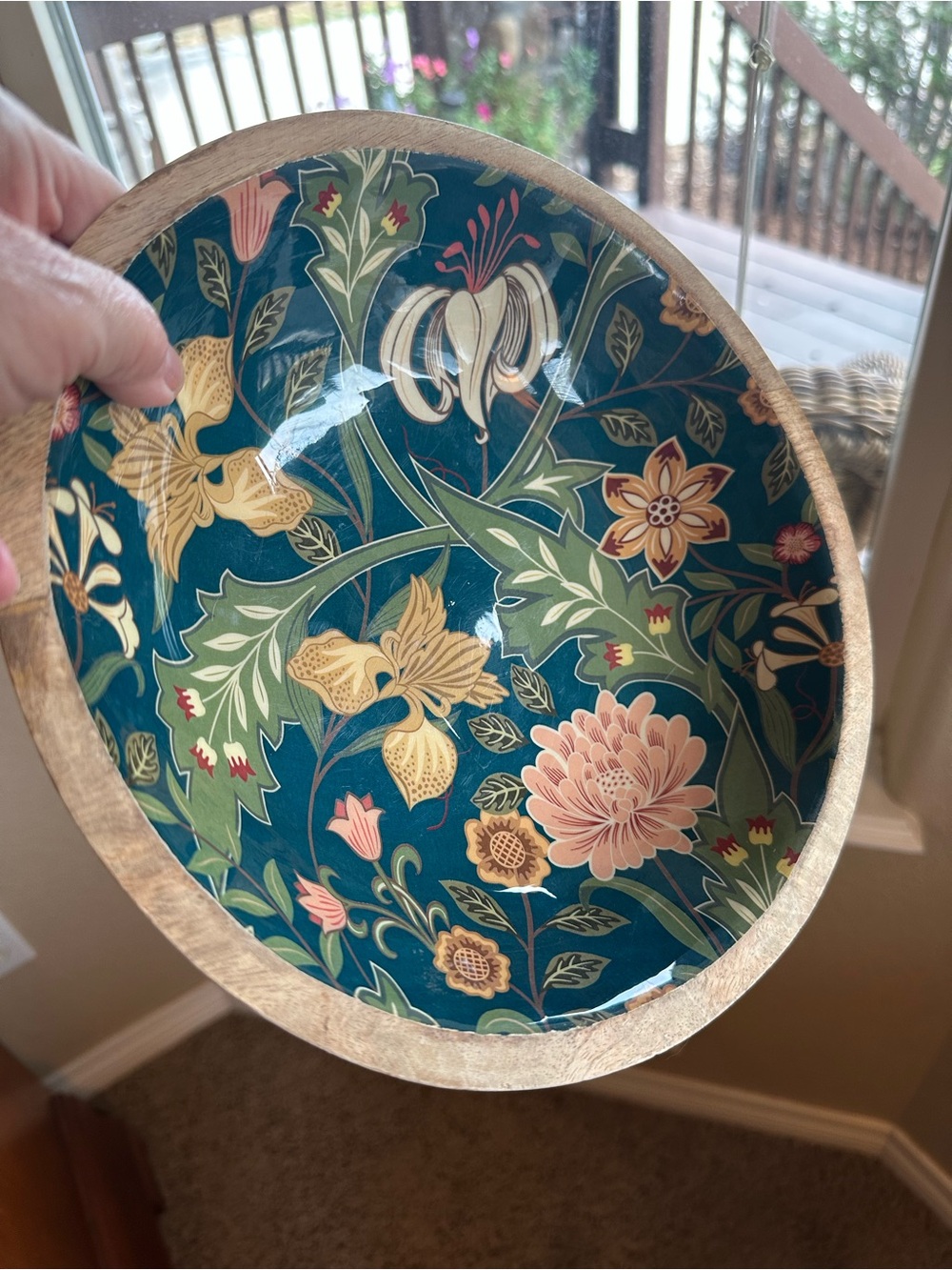 Decorative Enameled Mango Wood Bowl w/ Floral Design